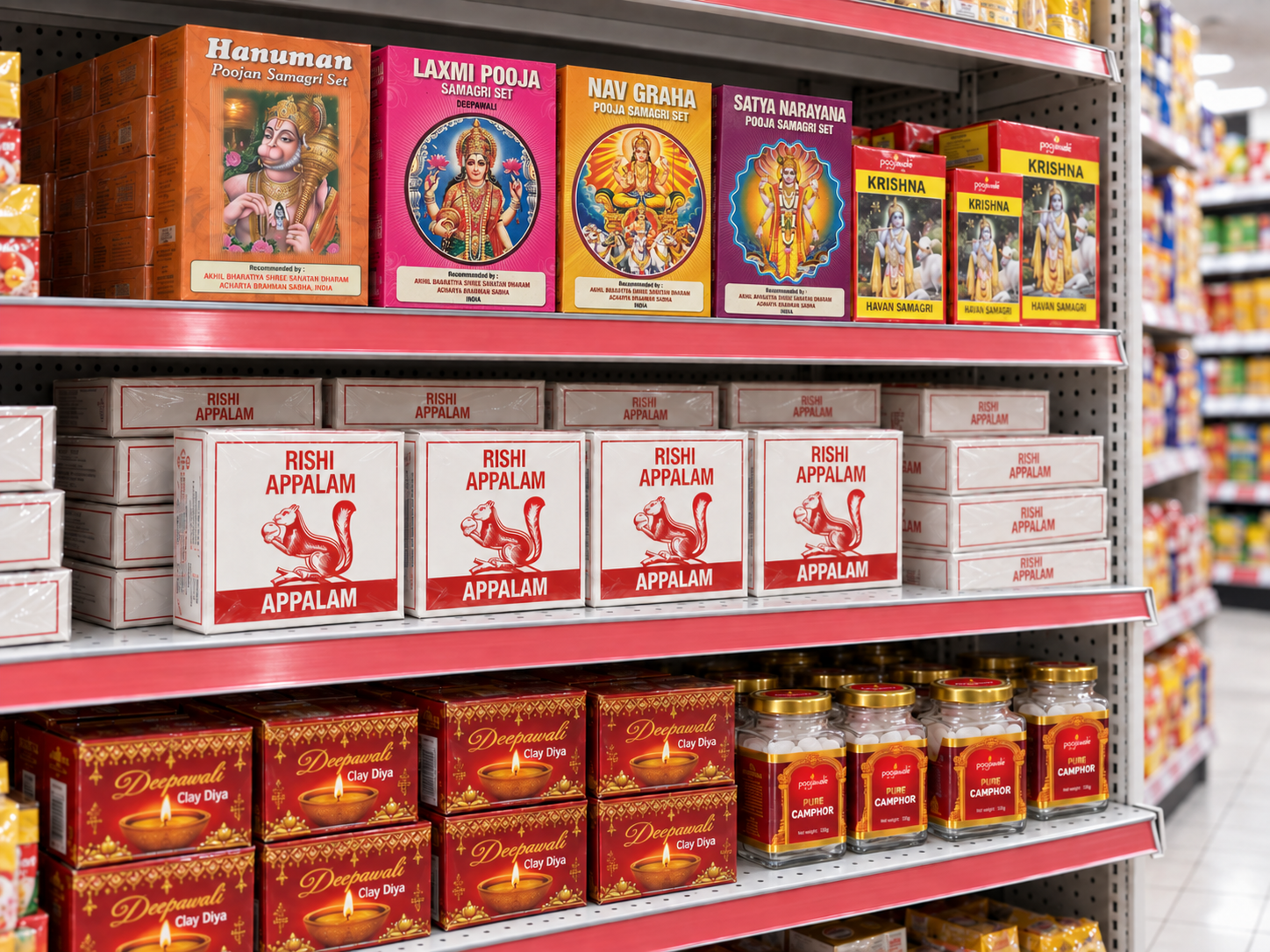 Recreated supermarket shelf display featuring Rishi Appalam cartons